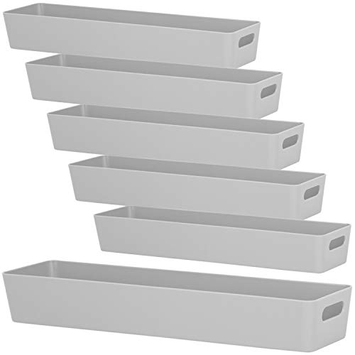 6x Ordnungsboxen - 6 cm hoch - GRAU - 40x10x6cm - 2 Liter - Ordnungskorb - Schubladenorganizer Schublade - Organizerbox - Ordnungssystem Kunststoff - Aufbewahrung Bad Korb Schrank Schreibtisch Kiste