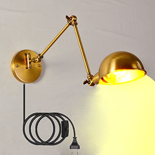 Retro Wandleuchte Verstellbar Langer Arm mit Schalter, Nachttisch-Wandlampe mit Kabel Stecker Wand-Leselampe Schwenkbar Metall Schirm, E27 Vintage Industrielampe für Wohnzimmer Schlafzimmer,20cm+20cm