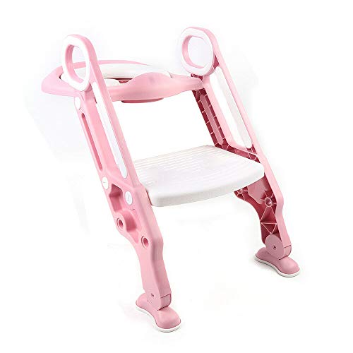 Kinder Toilettentrainer Toilettensitz mit Treppe, Fußpolster ist Höhenverstellbar Rutschfestes Fußbrett, Belastbarkeit 75kg Rosa-Weiß
