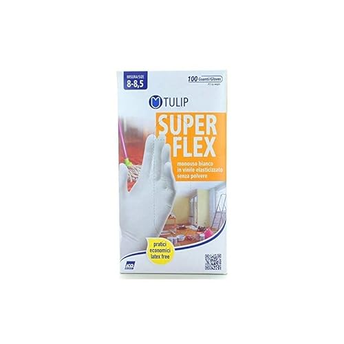 Tulip Superflex Guanti In Vinile Bianco Elasticizzat Monouso Senza Polvere 100 Pezzi Misura 8-8 5