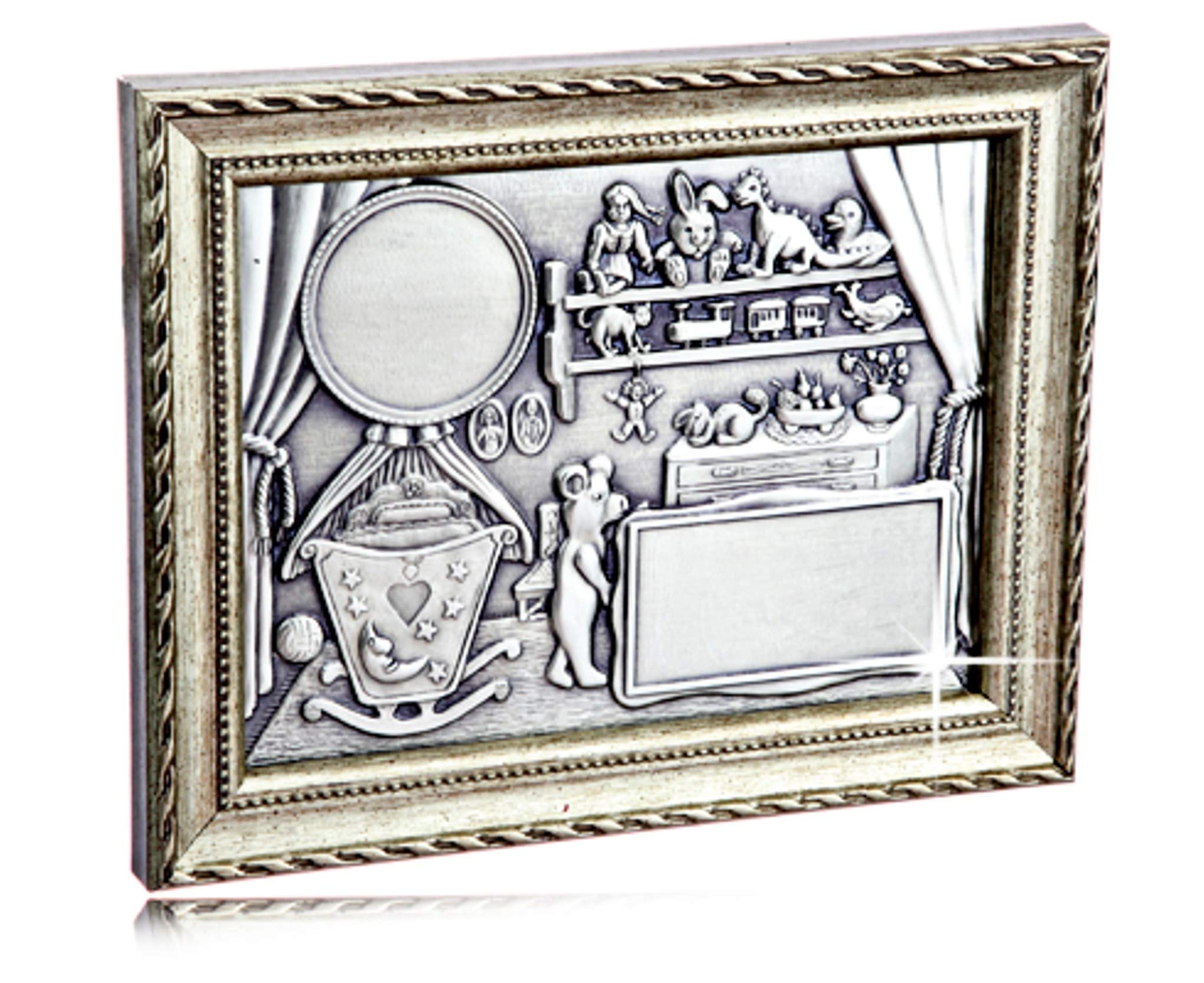 Design Geburtentafel aus Zinn im Schmuckrahmen - Geburtsrelief mit Silberrahmen - Zwillingstafel zur Geburt incl. Gravur, Zinnrelief