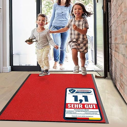 Floordirekt Schmutzfangmatte Monochrom | viele Größen, viele Farben | Länge auf Maß | rutschfeste waschbare Fußmatte (Rot, 90 x 350 cm)