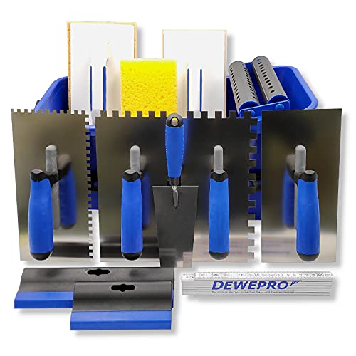 DEWEPRO® Fliesenwaschset - 15-teiliges Fliesenleger Waschset XL - 20l Waschbox - Zahnkellen - Schwammbrett - Glättekelle