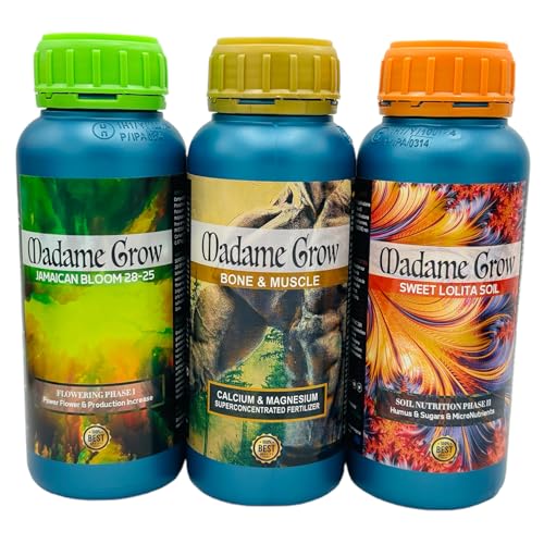 Madame Grow - Kit Dallas - Organische Düngemittel - Stärkt die Ernährung, fördert die Blüte und unterstützt den Stoffwechsel - Sweet Lolita, Bone & Muscle und Jamaican Bloom - je 3 x 500 ml