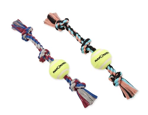Mammoth Flossy Chews Hundespielzeug, 3 Knoten, mit Mini-Tennisball, Premium-Baumwoll-Polyester, interaktives Seil-Hundespielzeug, 27,9 cm, 2 Stück, verschiedene Farben