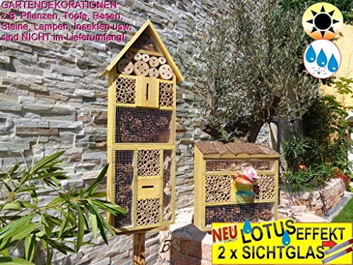 2 x Bienenhotels, mit Lotus+2xBrutröhrchen, Spitzdach groß, Flachdach Insektenhaus + Bienenhaus mit Bienentränke, Insektenhotel, mit Lotus+2xBrutröhrchen, hell, Ausführung gelb