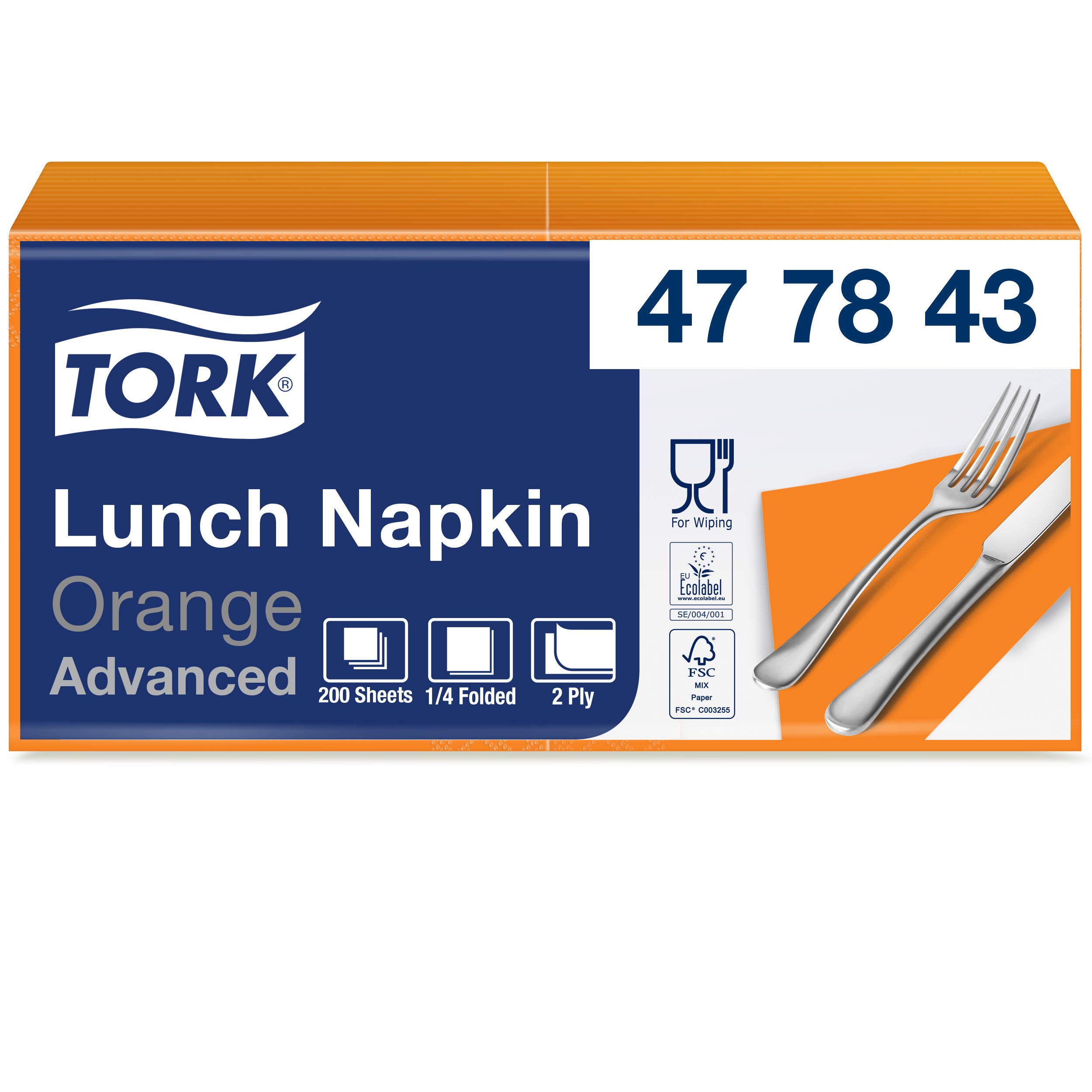 Tork 477843 Lunchservietten Orange / 2-lagige Servietten für kleine Gerichte oder Snacks / Advanced Qualität / 10 x 200 (2000) Papierservietten / 32,6 x 33 cm (B x L) / 1/4-Falz