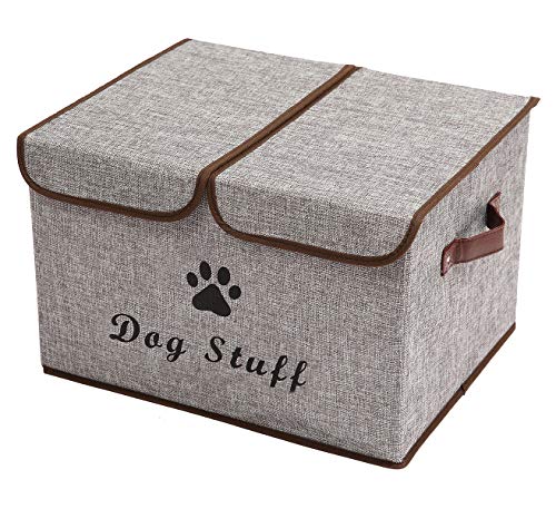 Pethiy Große Leinenstoff Aufbewahrungsbox mit Deckel für Hunde Zubehör-Faltbare Doppelgitter Aufbewahrungskorb mit Griffen,für hundespielzeug Hundebekleidung-43 x 31 x 26 cm (Grau)