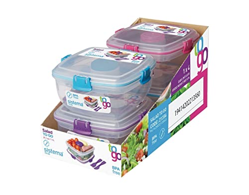 Sistema to Go Collection Salad to Go Food Storage Container, 37 oz, Clear with Assorted Color Accents by Sistema