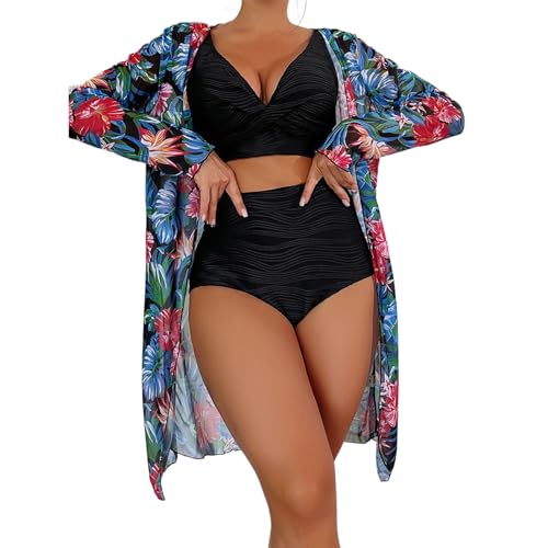 3-teiliger Damen-Bikinis-Badeanzug mit Strand, langer Kimono, Bauchkontrolle, Bademode, Blumen-Badeanzug mit Boyshort und langen Ärmeln