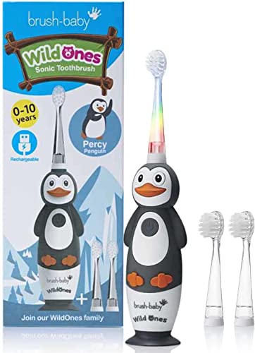 Brush-Baby WildOnes Kinder Elektrische Wiederaufladbare Zahnbürste,1 Griff, 3 Bürstenköpfe, USB-Ladekabel, für Alter 0-10 (Pengiun)
