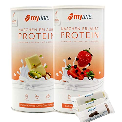 Myline Doppelpack Protein Eiweißshake + 3 Proteinriegel (Pistazie- Erdbeere)