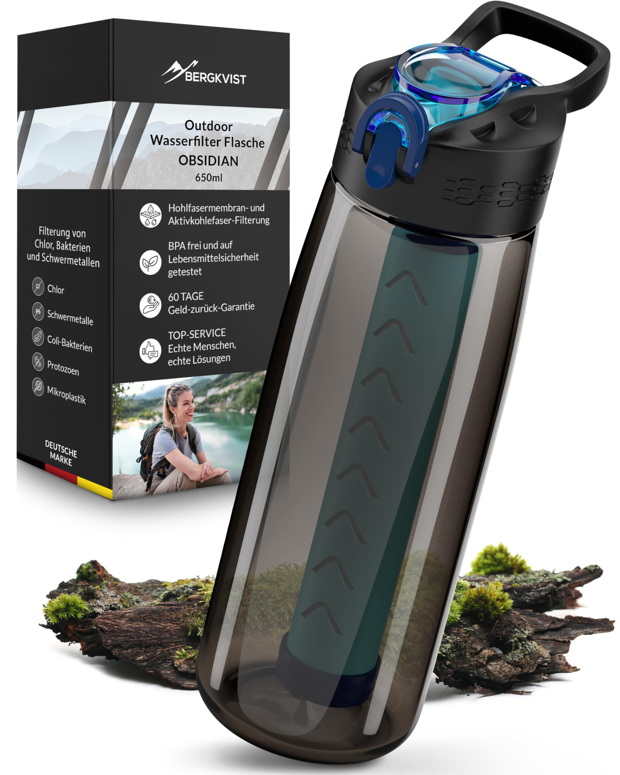 BERGKVIST® Outdoor Wasserfilter Flasche OBSIDIAN (650ml) mit Kompass - Trinkflasche mit Filter für sauberes Trinkwasser - Wasseraufbereitung für die Camping-, Prepper- & Survival-Ausrüstung