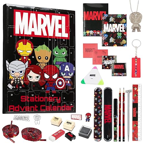 Marvel Adventskalender 2023 Spiderman Avengers Adventskalender Kinder Jungs mit Schulsachen Schlüsselanhänger Spielzeug (Marvel Schwarz)