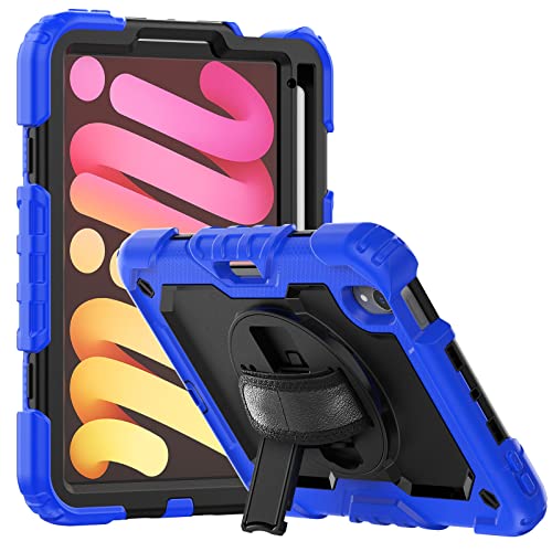 Heavy Duty Rugged Schocksicherheit Compatible with Ipad. Mini 6/2021 Hochleistungsstoßfest TPU. Fall, Schutzhülle W Displayschutzfolie 360 ​​Schwenkständer + Handgurt + Schultergurt (Color : Blue)