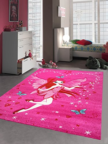 Kinderteppich Spielteppich Kinderzimmer Teppich Zauberfee mit Schmetterlinge Pink Creme Rot Türkis Größe 120 cm Rund