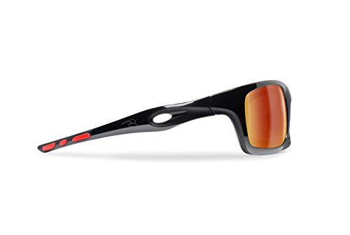 BERTONI Photochromen Selbsttönenden Windschutz Sportbrillen Radfahren Skifahren Laufen Golf Wassersport mod. Omega Automatische Scheibentönung (Schwarz Glänzend/Rot - Goldgrau Gespiegelt)
