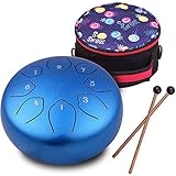 Musfunny Zungentrommel aus Stahl, 8 Töne, 15,2 cm, Perkussionsinstrument, C-Key-Handpan-Trommel mit Tasche, Paar Schlägeln, Wischtuch für Musikerziehung, Konzert, Yoga (blau)