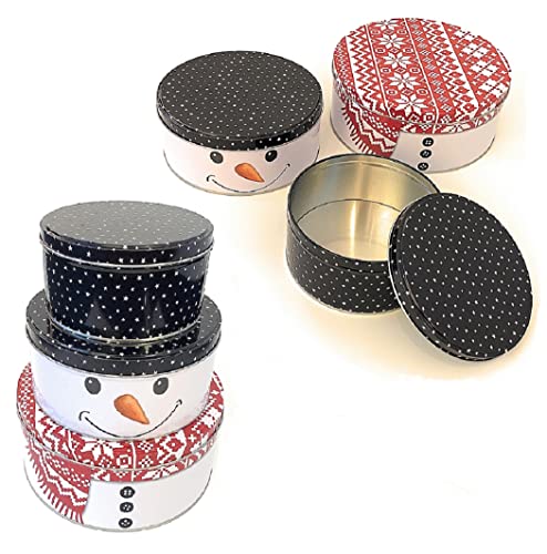 Bada Bing 6er Set Keksdose aus Metall mit Deckel - runde Plätzchendose Schneemann mit Schal - dekorative Weihnachtsplätzchen-Box für Kuchenaufbewahrung - Weihnachtsdose Vintage Design