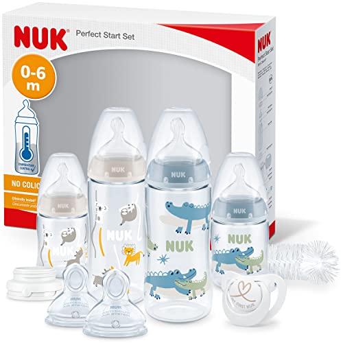 NUK First Choice+ Perfect Start Babyflaschen Set | Erstausstattung mit 4 Temperature Control Anti-kolic Babyflaschen (2x 150ml & 2x 300ml), Flaschenbürste & mehr | BPA-frei | 0-6 Monate | blau/weiß