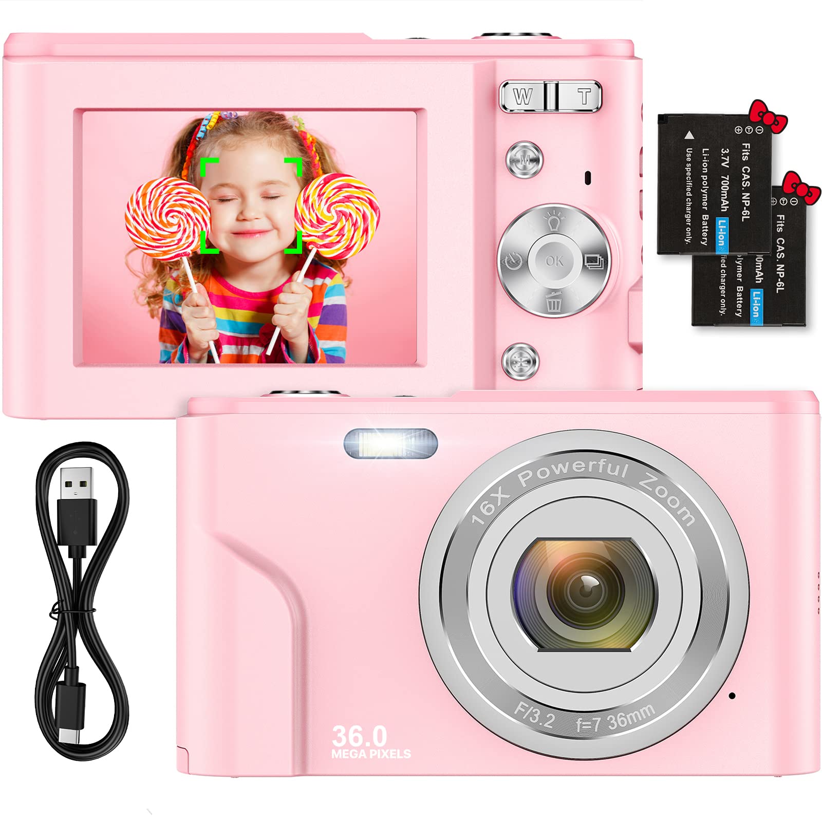 Digitalkamera 1080P HD Kompaktkamera 36 Megapixel Mini-Videokamera 2,4" LCD Digitalkamera wiederaufladbare Fotokamera mit 16X Digitalzoom für Studenten/Erwachsene/Kinder/Anfänger (Rosa)