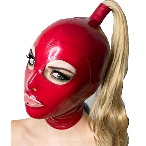 ZOUTYI Latex Haube Mit Blonden Zopf Zurück Zipper Gummi Maske Mit Perücke Cosplay Maske,Rot,L