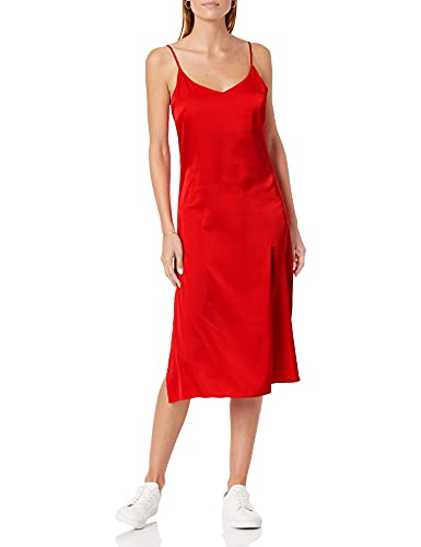 The Drop Damen Ana Midi-Kleid, V-Ausschnitt, seidiger Slip-Dress-Stil, Rot, XS