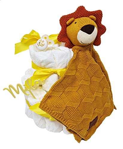 Elfenstall Windeltorte Pamperstorte mit Sigikid Strick-Schnuffeltuch personalisiert als Geschenk zur Geburt oder Taufe mit Namen des Babys (gelb)