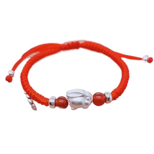 Reichtum-Wohlstand-Charme-Armband, Chinesisches Sternzeichen-Armband, Sterlingsilber, Kaninchen, Glücksbringer, natürlicher Achat, handgefertigtes Geflecht, rote Schnur, verstellbares Armband, Amulett