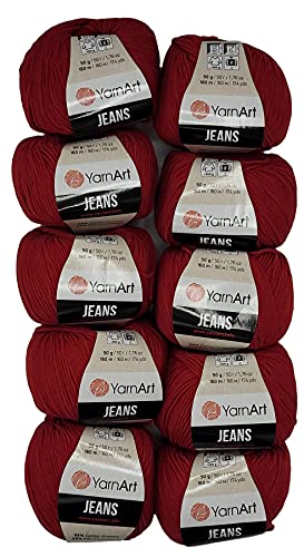 10 x 50g Strickwolle YarnArt Jeans einfarbig mit 55% Baumwolle, 500 Gramm Wolle uni (rot 51)