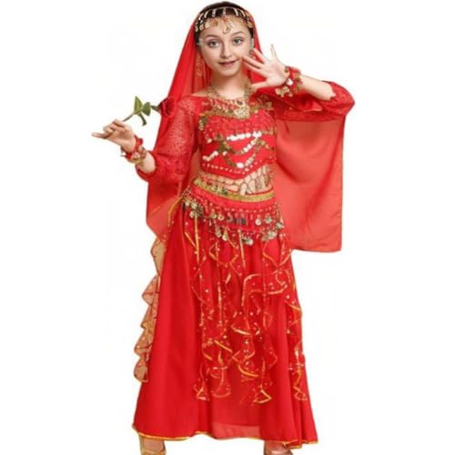 Kinder Mädchens Damen Bauchtänzerin Indische Langarm Top Rock Tanzkleid Kostüme Rot L Höhengeeignet 120-135CM