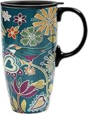 Topadorn CEDAR HOME Kaffeetasse aus Keramik, Porzellan, Latte, Teetasse mit Deckel, 500 ml, Floral Symphony, Blaugrün