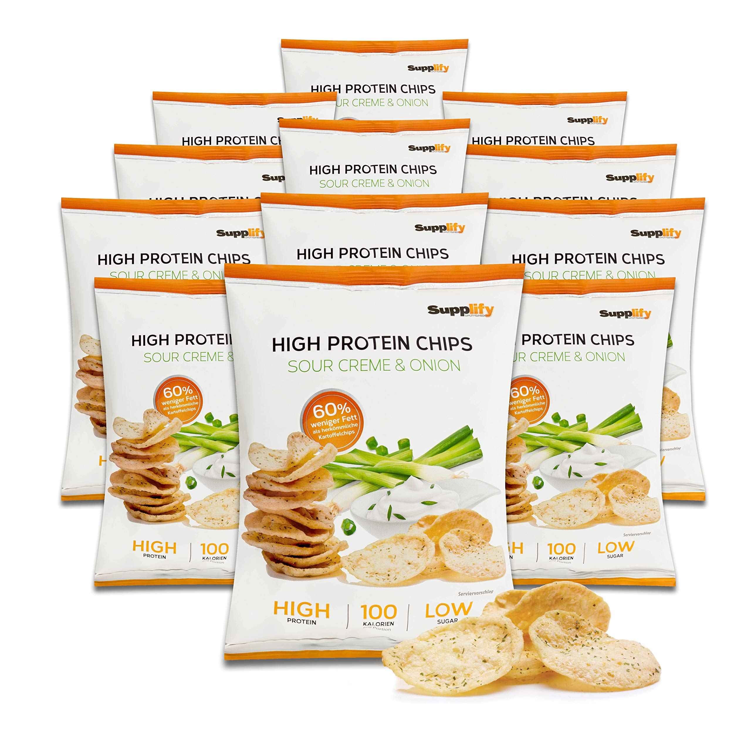 Supplify Protein Chips (Sour Cream & Onion) - Eiweiß Snack zum Abnehmen oder Muskelaufbau - die leckere Alternative zu Protein-Pulver oder -Riegel (12x50g)
