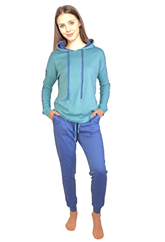 Consult-Tex Damen Pyjama Freizeitanzug Hausanzug Homewear Suit Jogginganzug Baumwolle/PE mit Kapuze und kontrastfarbigen Streifeneinsatz DW200_48/50