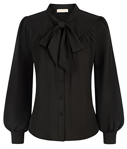 Belle Poque Damen Viktorianische Bluse Vintage Stehkragen Langarm Schleifenhemd Schwarz XL