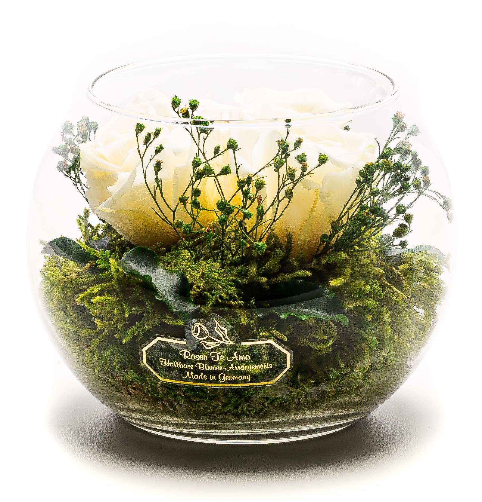 Rosen-Te-Amo | Muttertag Infinity Rosen | konservierte ewige Rosen Glas-Vase | duftend | handgefertigt mit echten Deko-Foliage | Blumenstrauß langlebiges Design | Geschenk Frauen Mama Freundin Oma