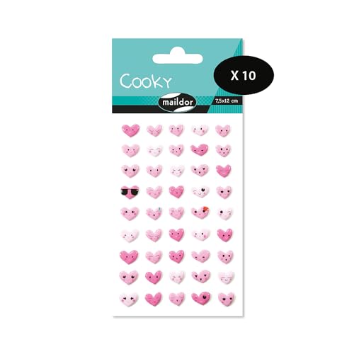 Maildor CY057Opack – eine Packung mit 3D-Aufklebern Cooky, 1 Bogen 7,5 x 12 cm, Emoticones Herzen (45 Aufkleber), 10 Stück