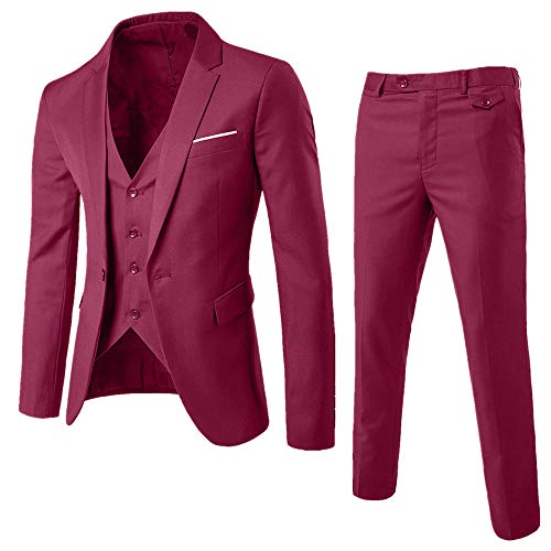 UJUNAOR Herren Slim Business Hochzeitsanzug 3-teiliges Set Jacke Weste Hose Anzug(Wein,CN M)