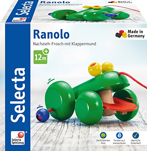 Selecta 62033 Ranolo, Nachzieh Frosch, Schiebe-und Nachziehspielzeug aus Holz, 11 cm
