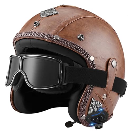 Bluetooth Jet Helm 3/4 Leder Motorradhelm Brain-Cap Mit Schutzbrille Scooter Offenem Helm Halbschalenhelm DOT/ECE Zertifizierung Retro Motorrad Halbhelme Für Herren Damen 1,XL:61-62CM