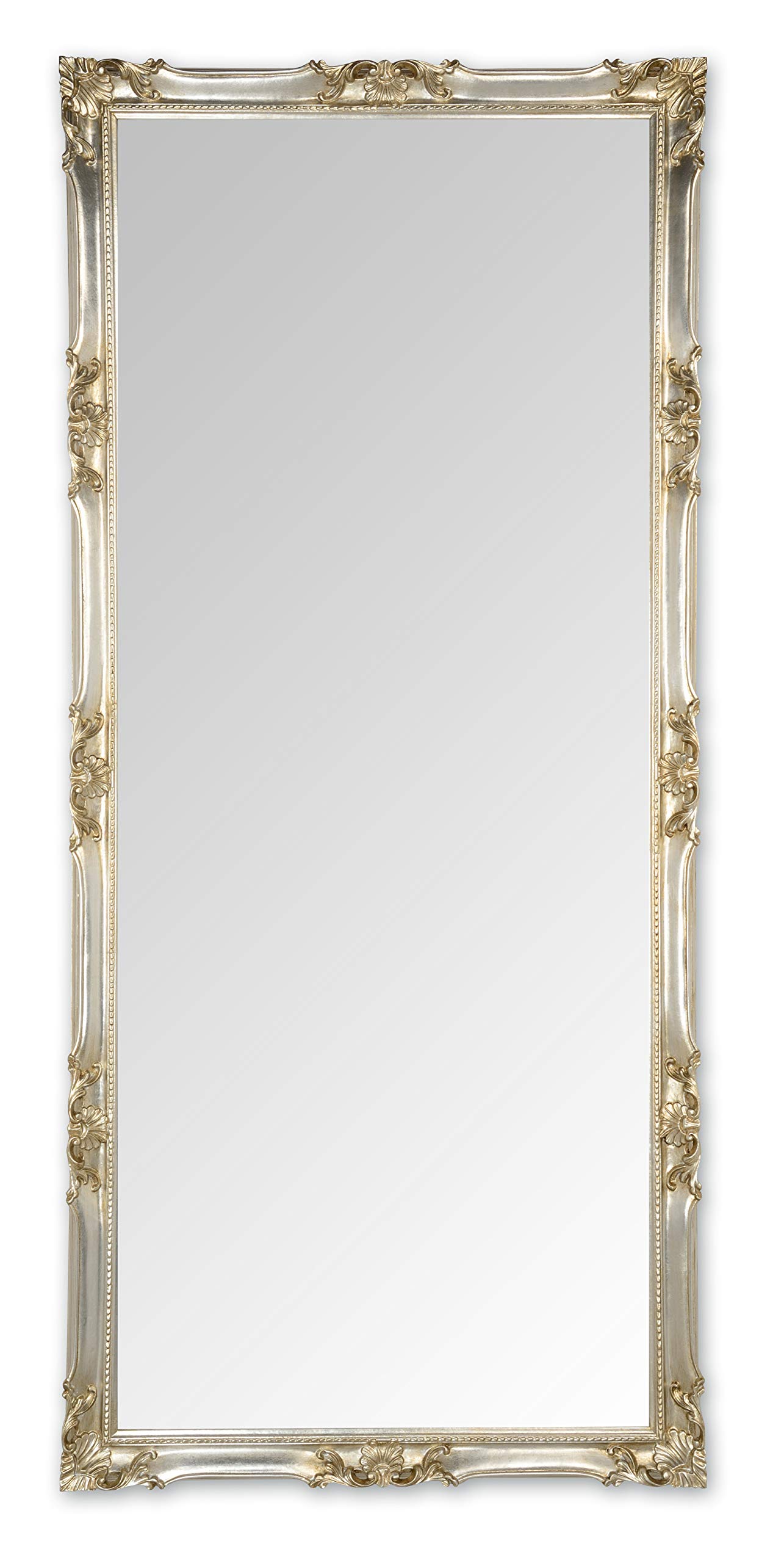 MO.WA Wandspiegel groß Spiegel klassisch Barock 82x182 Blattsilber Ganzkörperspiegel Klassischer Lehnspiegel Bodenspiegel Großer Spiegel mit Holzrahmen Silber Antik Klassisch
