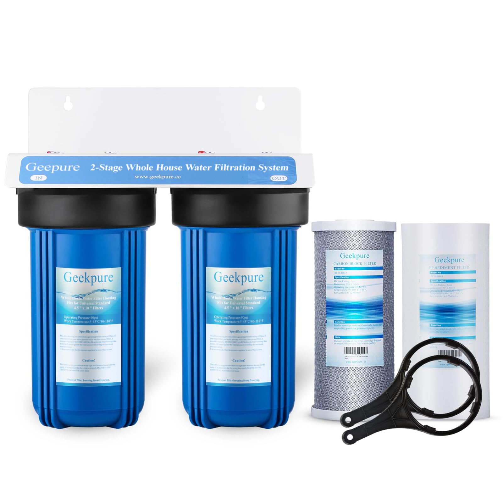 Geekpure 10-Zoll Wasserfiltersystem für das ganze Haus (2 Stage mit PP und Carbon (blau Gehäuse))