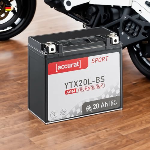 Accurat Motorradbatterie YTX20L-BS - 12V, 20Ah, 290A, rüttelfest, wartungsfrei - Starterbatterie, AGM Batterie in Erstausrüsterqualität für Rasentraktor, Roller, Motorrad, Quad