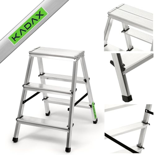 KADAX Trittleiter aus Aluminium, Klapptritt bis 125kg, Stufenleiter mit Antirutschstufen, Stehleiter, beidseitige Aluleiter, Klappleiter, Haushaltsleiter (3 Stufen)