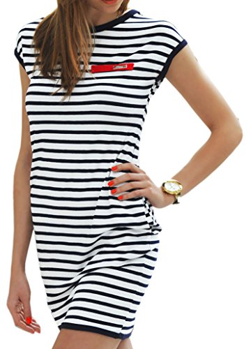 Sommerkleider Damen Kurzarm Kleider Jerseykleid Freizeitkleid Mini Dress Strandkleid Maritime S M L XL (340 Weiße Marine-Streifen, S)