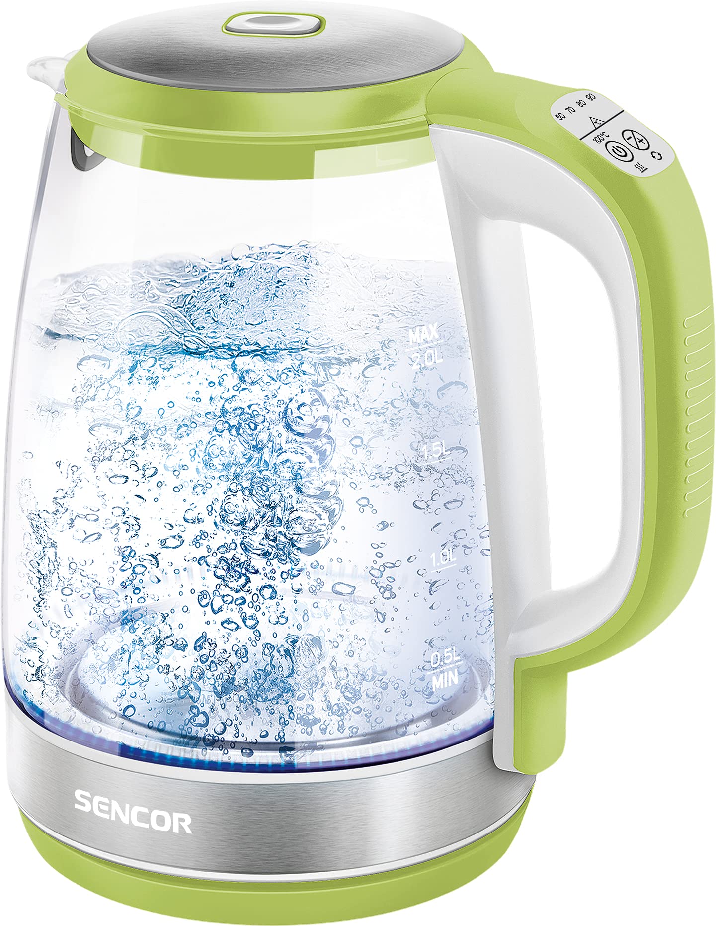 Sencor SWK 2197GG Glaswasserkocher 2,0 Liter Fassungsvermögen 2200 Watt Leistung Edelstahl Innenlicht 100% BPA frei Temperaturregelung (50°C bis 100°C)