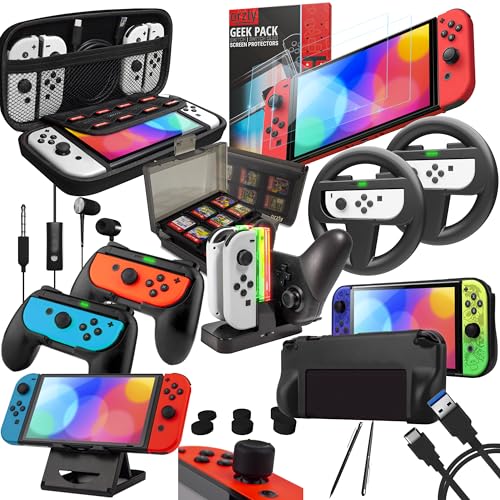 Switch Accessories Bundle - Orzly Geek Pack for Nintendo Switch: Case & Screen Protector, Joycon Grips & Racing Wheels, Switch Controller Charge Dock, Comfort Grip Case & More - JetBlack