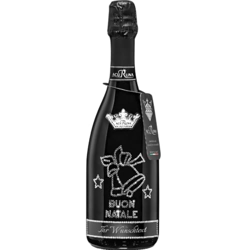 Geschenk Weihnachten personalisiert Prosecco Flasche 0,75 l mit Strass verziert Motiv: BUON NATALE Glocken