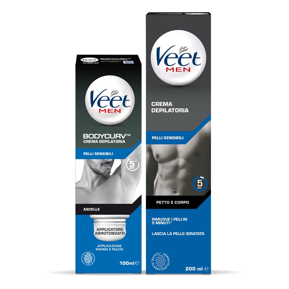 Veet For Men Kit Veet For Men Enthaarungscreme Achselhöhlen, empfindliche Haut, mit abgerundetem Applikator, 100 ml und Veet For Men Enthaarungscreme für Männer empfindliche Haut, 200 ml