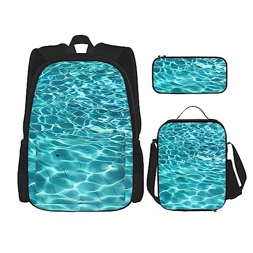 PartyUnix Schwimmbad Wasserdrucke Rucksack 3-teilig Schulranzen mit Lunchbox und Federmäppchen Set - Geeignet für Jungen und Mädchen, Schwarz , Einheitsgröße, Kinderrucksack